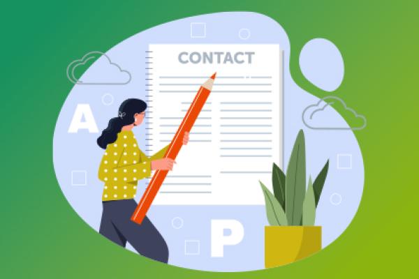 Visual depicting an illustration with a woman writing a contact form