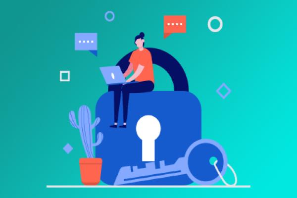 Visual depicting an illustration with a woman writing on her laptop while sitting on a big lock