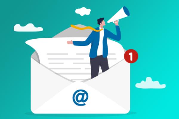 Visual depicting an illustration with a person coming out of an envelope announcing new mail